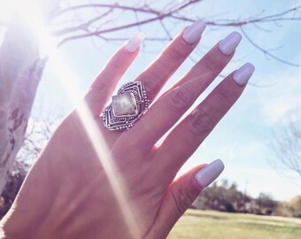 Rainbow Moonstone Sterling Silver Ring, Boho Rings, Bohemian Jewelry, Moonstone Ring, Diamond Cut Ring, Personalised, Don Biu, Jewellery