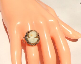 Size Adjustable, Vintage Cameo, New Sterling Silver Ring, Hand Carved Italian Cameo, Carved Conch Shell Cameo, OOAK