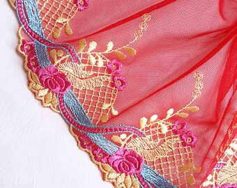 1.27 m lace embroidery on red yellow tulle width 21 cm