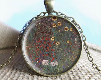 Klimt Painting of Sunflowers Pendant/Necklace Jewelry, Sunflowers Necklace Jewelry, Klimt Photo, Photo Jewelry Glass Pendant Gift