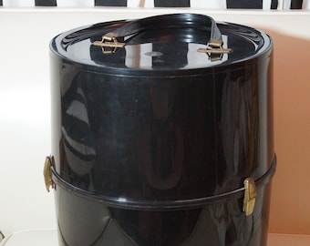 1960s Hat Box / 60s Wig Case with Wig Stand / Hat Storage Case / Large Cylinder Black Vinyl Carrying Case / Mod Travel Tote or Suitcase