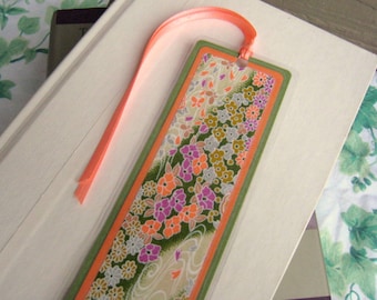 Bookmark Laminated Green and Orange Floral Japanese Washi