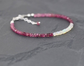 Ethiopian Welo Opal & Pink Tourmaline Beaded Bracelet, Sterling Silver, Rose or Gold Filled. Dainty Gemstone Stacking Bracelet. Jewellery