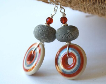 Target Earrings, Orange Gray Earrings, Circle Earrings, Lampwork Earrings, Glass Bead Earrings, Disc Earrings, Boho Chic Earrings