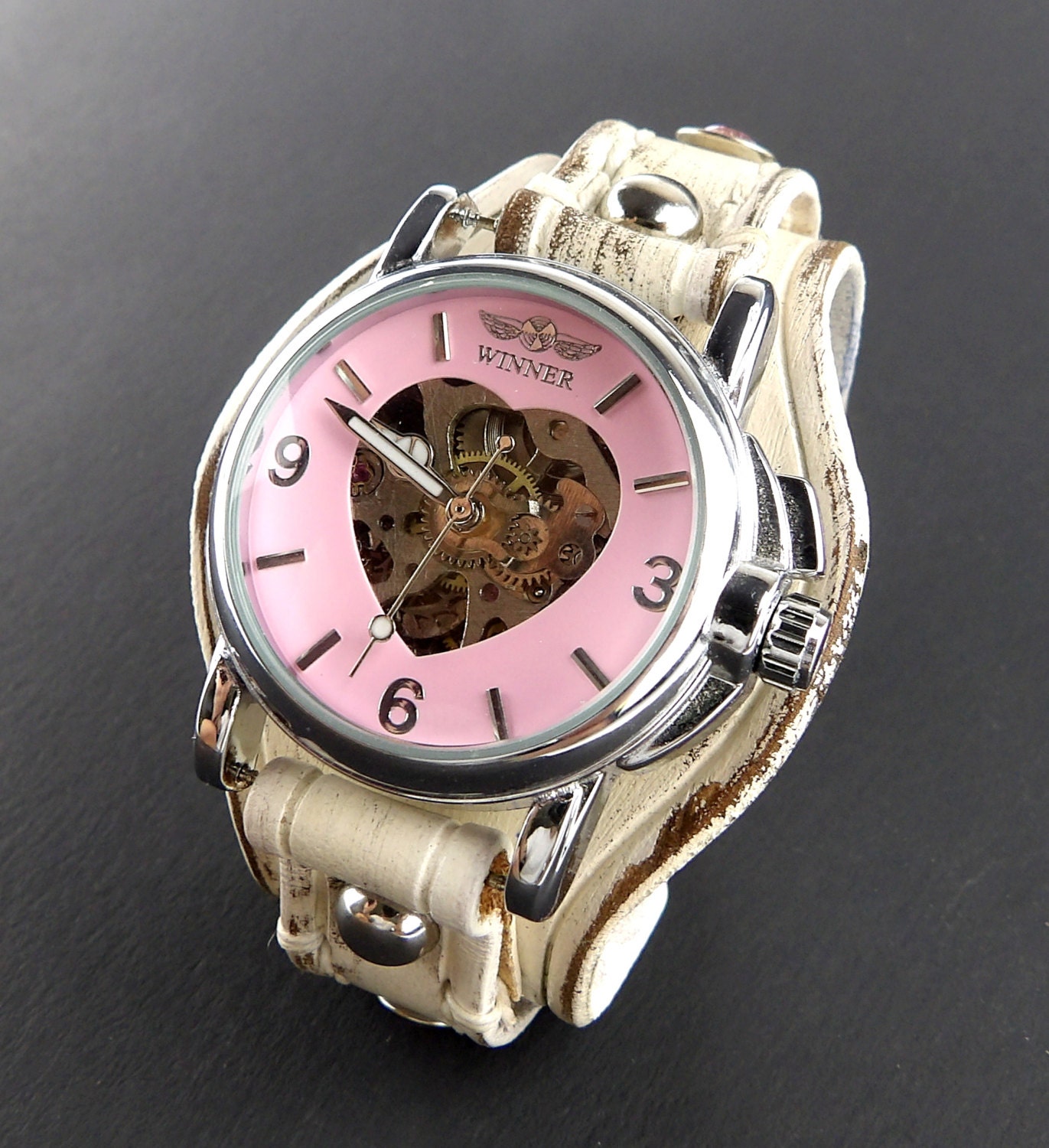 Distressed white Leather Cuff Women's watch Rustic