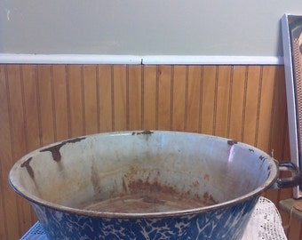Blue Marbled Granitware, Swirl Enamelware, Large Enamel Pot, Pudding Pan, Antique Pot, Farmhouse Decor, Rustic Decor, Porch Decor