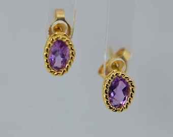 14K Yellow Gold Oval Amethyst Post Earrings