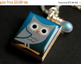 MOTHERS DAY SALE Night Owl Necklace. Gray Owl Necklace. Scrabble Tile Necklace with Glass Teardrop. Bird Necklace. Scrabble Necklace. Handma