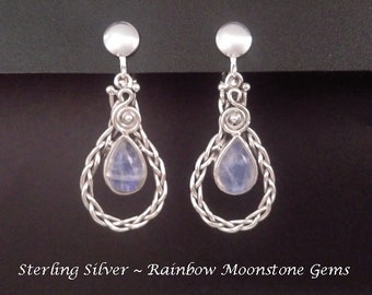 Clip On Earrings, Artisan Crafted: Fabulous Ornate Sterling Silver Earrings Featuring Rainbow Moonstone Gemstones | Clip-On Earrings, 426