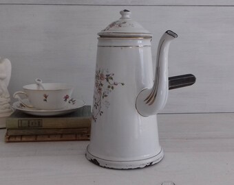 Antique white chocolate 19th France, Antique french enamelware chocolate roses pattern
