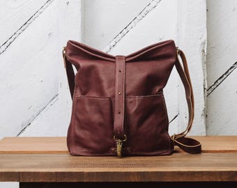 Leather Tote, Leather Shopper, Burgundy Leather Cow skin: The TomTom Tote in Burgundy Leather by Awl Snap