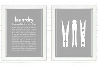 SET: Definition of Laundry and Clothespins - 8x10 prints - Define, Meaning, Clothes pin, clothes-peg, peg, Room, Mid Century, Modern