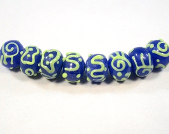 Blue and Green Lampwork Rondelles 8 Beads (10 x 12 mm)