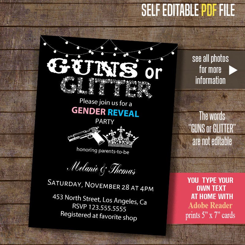 Guns or Glitter Gender Reveal invitation Editable Printable