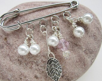 White Beaded Shawl Pin - Scarf Pin - Sweater Pin - Under 30