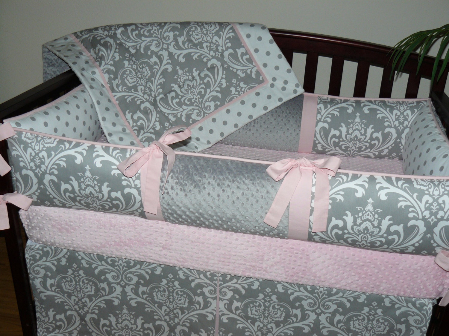 Girl Crib Bedding Set Light Baby Pink Gray Damask Zoom