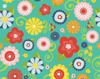 By The HALF YARD - Lazy Day by Lori Whitlock for Riley Blake, Pattern #C3810 Floral Main Teal, Multi Colored Floral Medallions on Teal Blue
