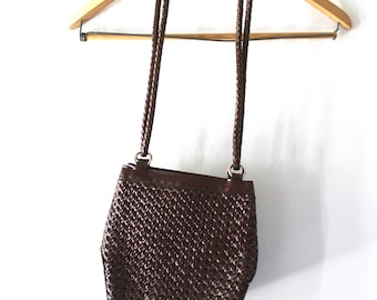 vintage brown woven leather shoulder bag