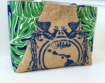 Hawaiian Queen Coffee Sack Tote / Monstera Fabric/ Beach Bag/ Market Tote