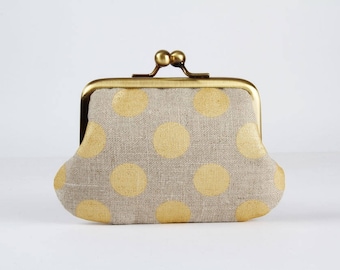 Metal frame purse with two sections - Golden dots on linen - Siamese daddy / gray beige / metallic gold / neutral colors