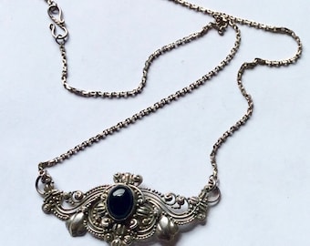 Vintage Black Onyx Filigree Balinese Sterling Silver Pendant Necklace