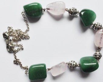 Vintage 925 sterling silver necklace with aventurine and Rose Quartz