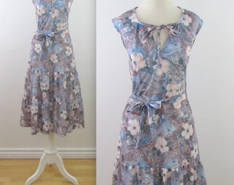 Twilight Floral Midi Dress - Vintage 1970s Sleeveless Drop Waist Dress in Large