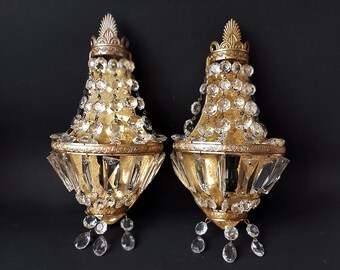 SALE French Crystal Wall Light Sconces Pair of Antique Empire style montgolfier Sconces Crystal Drops Sconces French vintage lighting