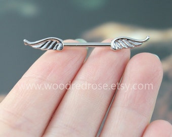 Silver Feather Tribal Nipple Bar Jewelry Barbell,Angle Wings Nipple Rings,Feather piercing jewelry