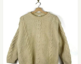 Winter Sale 40% Off Damaged Vintage Cable Knit Fisherman / Aran Style Wool Sweater from 1980's/Minimal