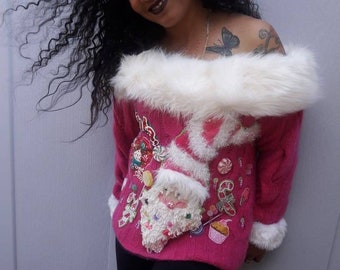 The Candy Man,... off shoulder, pinkalicious, santa, candy, fur trim, party, tacky, Christmas sweater