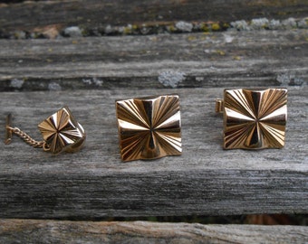 Vintage Abstract Cufflink & Tie Clip Set. 1960s. Gift For Dad, Groomsmen, Groom, Anniversary, Birthday. Gold Tone