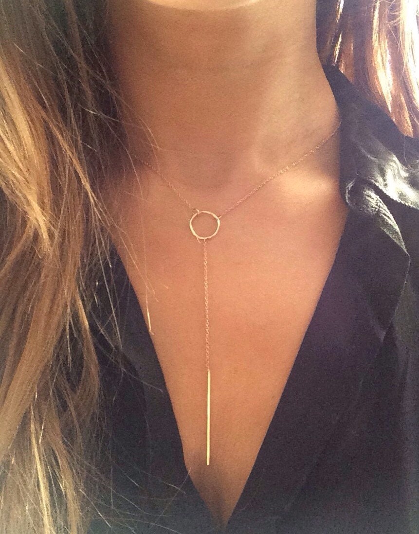 Solid 14k gold lariat necklace drop necklace Y necklace