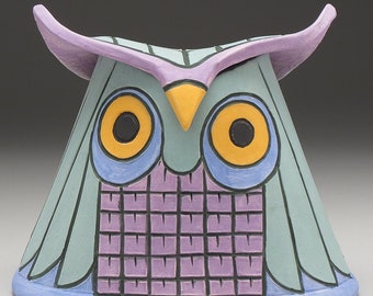 Ceramic Owl Vessel with removable lid, Lidded Jar,Home Decor, Nature Inspired, hand made, patina finish, one of a kind