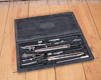 Students compasses - Compasses case set - Drafting set - Engineering drafting tools - Drafting compass - Measuring tools - Vintage compasses