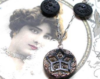 STARS Antique BUTTON necklace, Victorian Moon & stars on sterling silver, button jewellery.