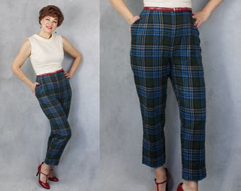 1960s Pants / 60s Pants / Wool Pants / Plaid Pants / Blue Plaid Wool Pants / Jack Winter / Vintage Wool Plaid Trousers / Slacks / Waist 27"