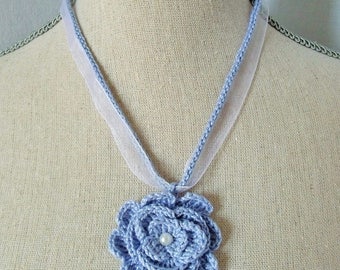 Cotton Blue Flower necklace, crochet lace.