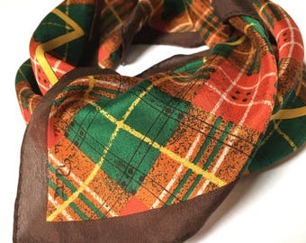 Vintage Oscar de la Renta ~ Silk Square Scarf ~ Fall Colours ~ Plaid Scarf ~ Brown Plaid ~ Fall Fashion ~ Silk Scarf ~ Tartan Scarf