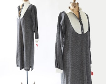Vintage 70s blue pin striped cotton Tuxedo T shirt midi dress S