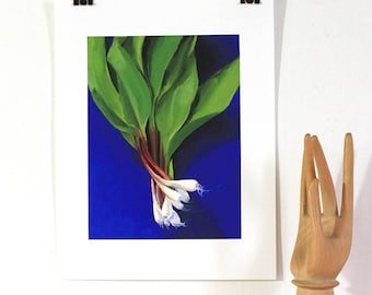 Giclee print of wild ramps from original oil painting. Kitchen art. Local food from farmer's market. Royal blue, green and magenta.