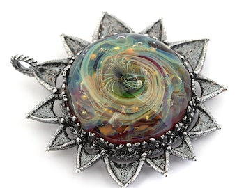 Celestial sun moon pendant - Celestial jewelry glass cabochon- Moon jewelry - Lampwork sun moon pendant - Silver celestial pendant Lampwork
