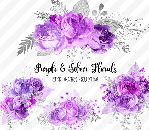 Purple and Silver Floral Clip Art, digital instant download painted ...