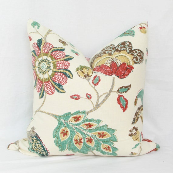 Red & teal floral decorative throw pillow cover. 18 x 18. 20 x