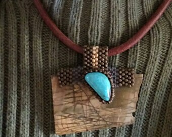 Jewelry -Gratitude - Jasper with Turquoise Cab - Necklace - Beaded Bale - Bead Weaving - Statement Necklace - BOHO