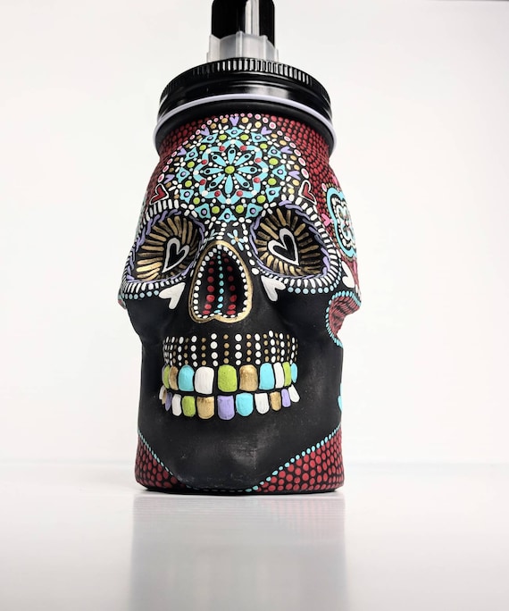 Painted Skull: Hand painted glass Skull shaped Soap Dispenser Sugar skull painted skull skull art