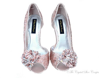 Nude peach Champagne swarovski crystal wedding bridal peeptoe Corsage high heel sandals