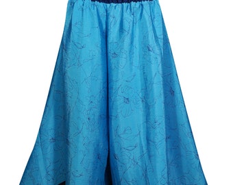 Blue Flare Palazzo Pant Printed High Waist Wide Leg Vintage Recycled Silk Split Maxi Skirts