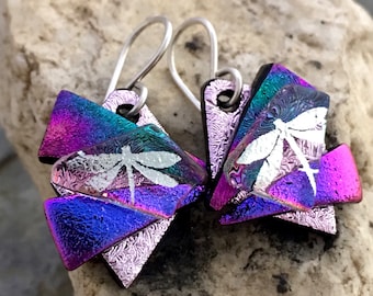 Pretty 3D Dichroic Glass Earrings - Pink and Purple Rainbow & Silver Dragonfly with Sterling Silver Hooks
