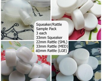 Rattle Inserts - 12 Sample Pack. 3 Squeakers, 3 Small, Medium and Large Rattles. Soft toy making inserts. Toy Supplies. AUD4.00 World Post!